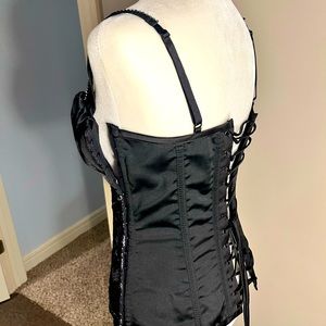 Sexy CORSET style formal top with lacing and side closure. Black lace satin.